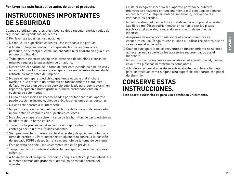 Instrucciones importantes de seguridad, Conserve estas instrucciones | Black & Decker TRO4085 User Manual | Page 8 / 17