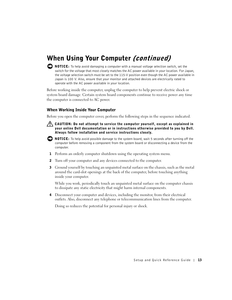 When working inside your computer, When using your computer (continued) | Dell OptiPlex GX60 User Manual | Page 14 / 96
