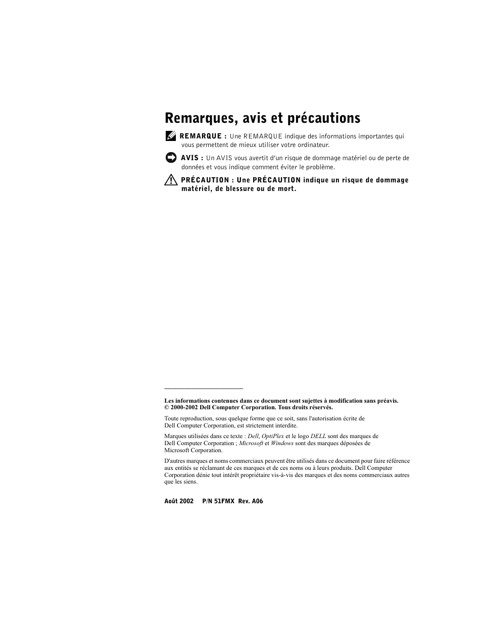 Remarques, avis et précautions | Dell OptiPlex GX60 User Manual | Page 17 / 96