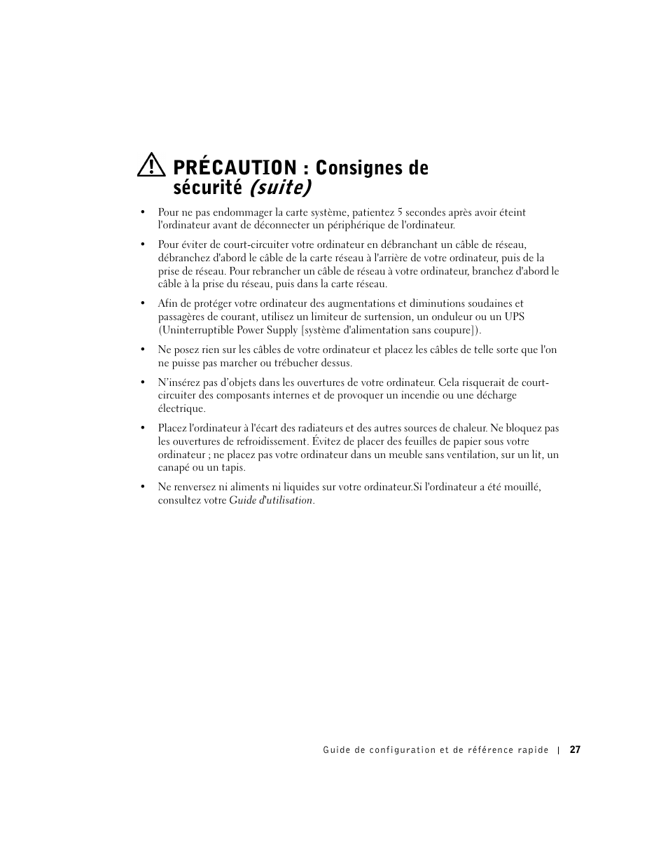 Précaution : consignes de sécurité (suite) | Dell OptiPlex GX60 User Manual | Page 28 / 96