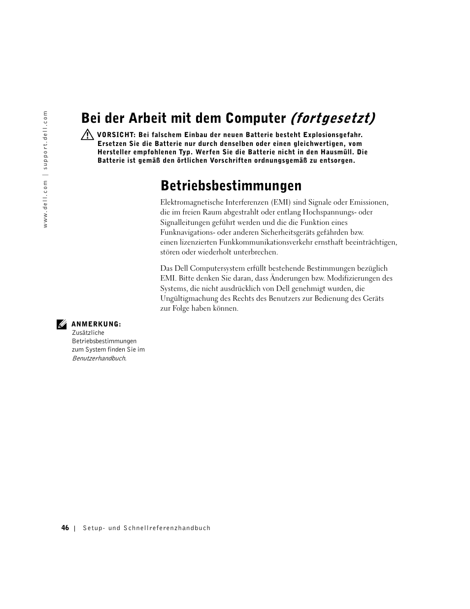 Betriebsbestimmungen, Bei der arbeit mit dem computer (fortgesetzt) | Dell OptiPlex GX60 User Manual | Page 47 / 96