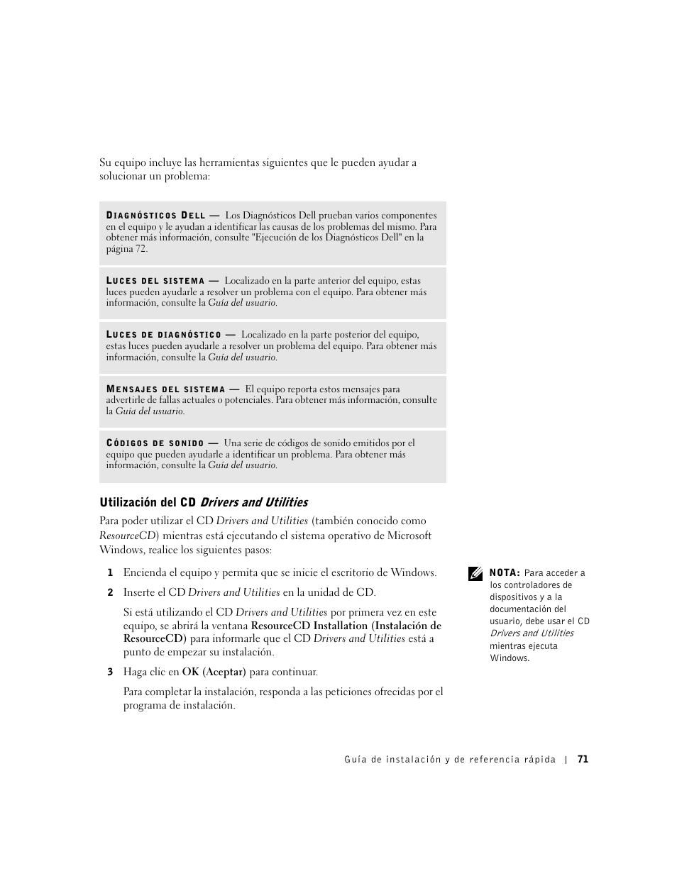 Utilización del cd drivers and utilities | Dell OptiPlex GX60 User Manual | Page 72 / 96