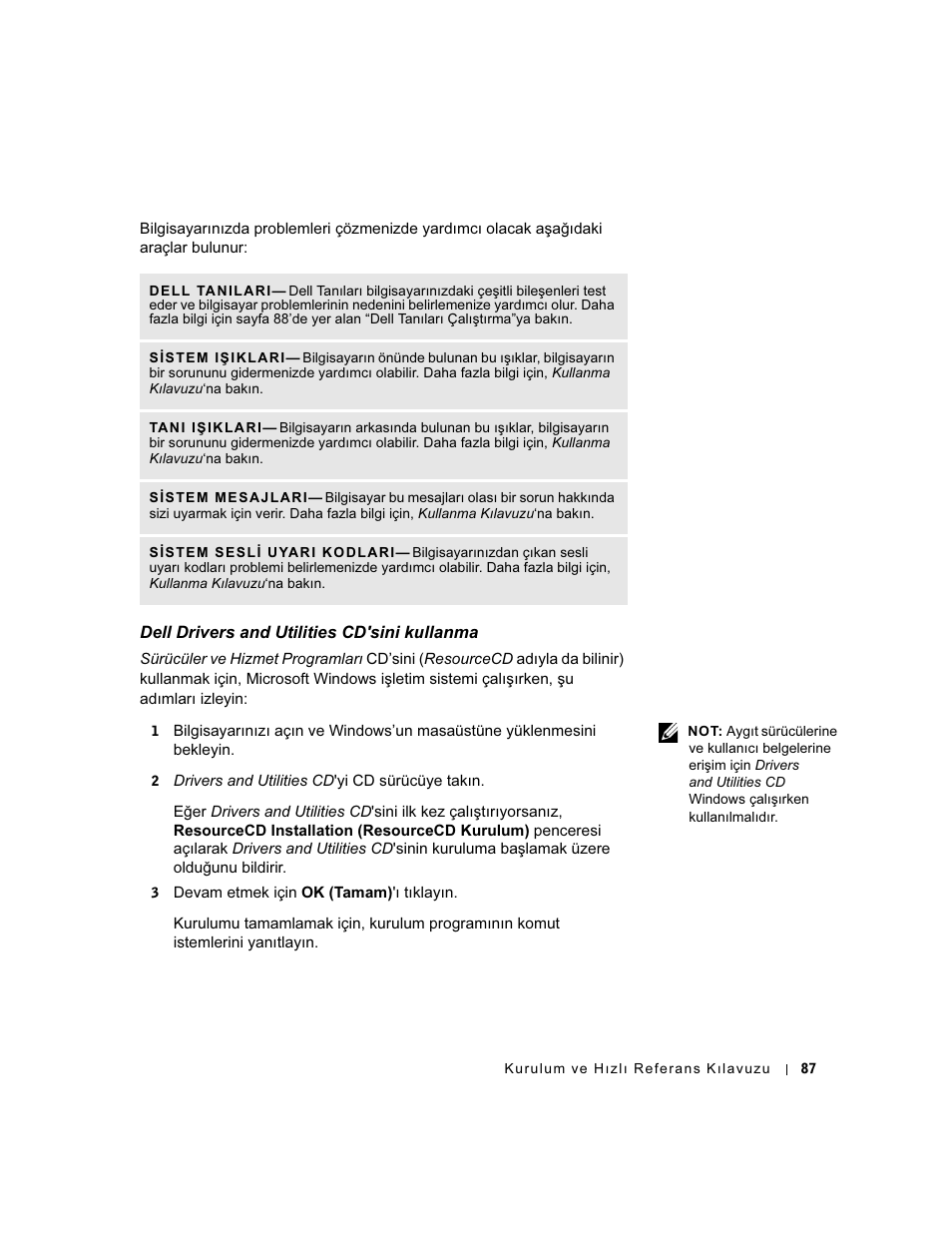Dell drivers and utilities cd'sini kullanma | Dell OptiPlex GX60 User Manual | Page 88 / 96