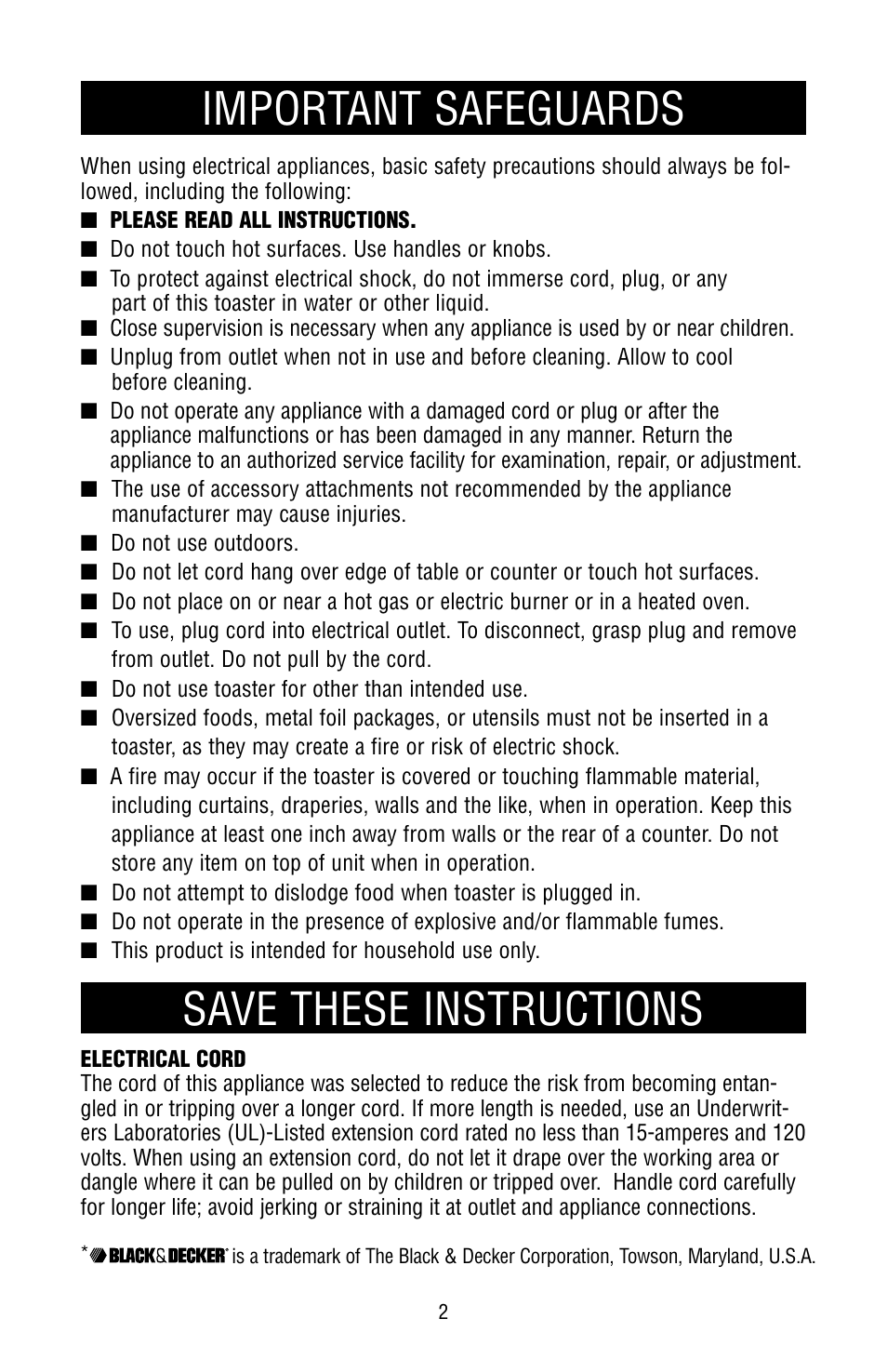 Safegaurds, Important safeguards save these instructions | Black & Decker MGD100 User Manual | Page 2 / 4