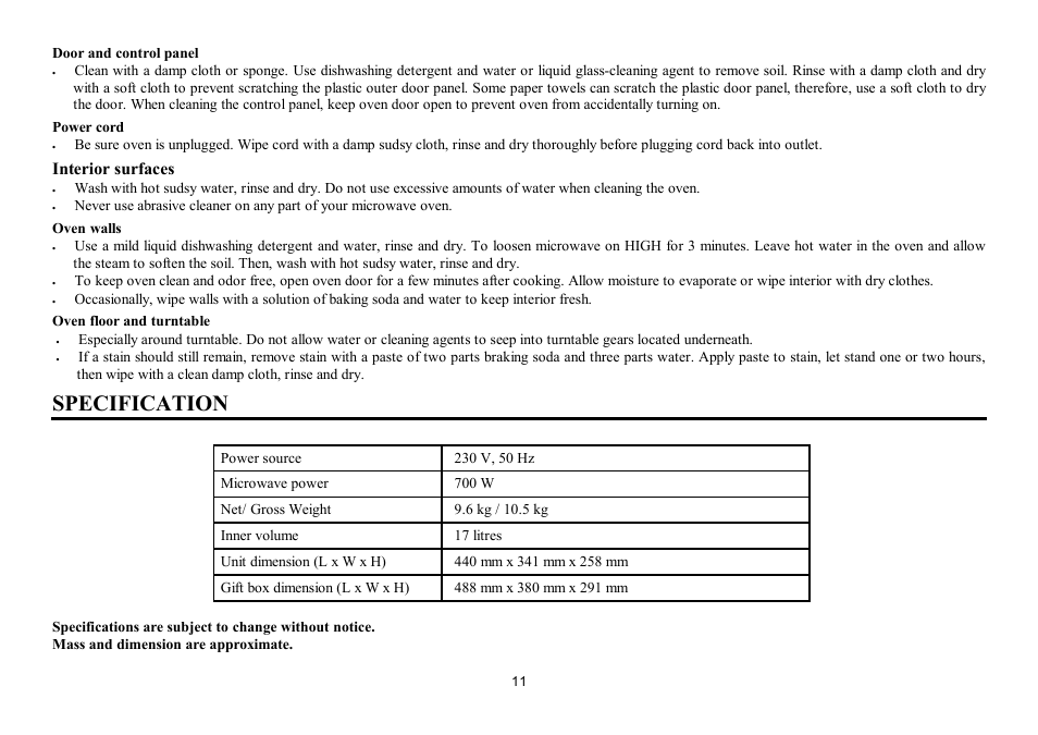 Specification | Hyundai H-MW3317 User Manual | Page 11 / 22