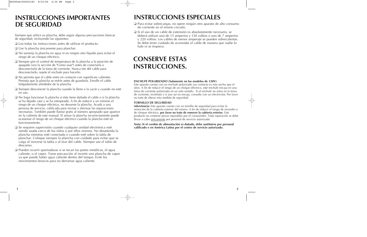 Instrucciones importantes de seguridad, Instrucciones especiales, Conserve estas instrucciones | Black & Decker M205 User Manual | Page 2 / 9