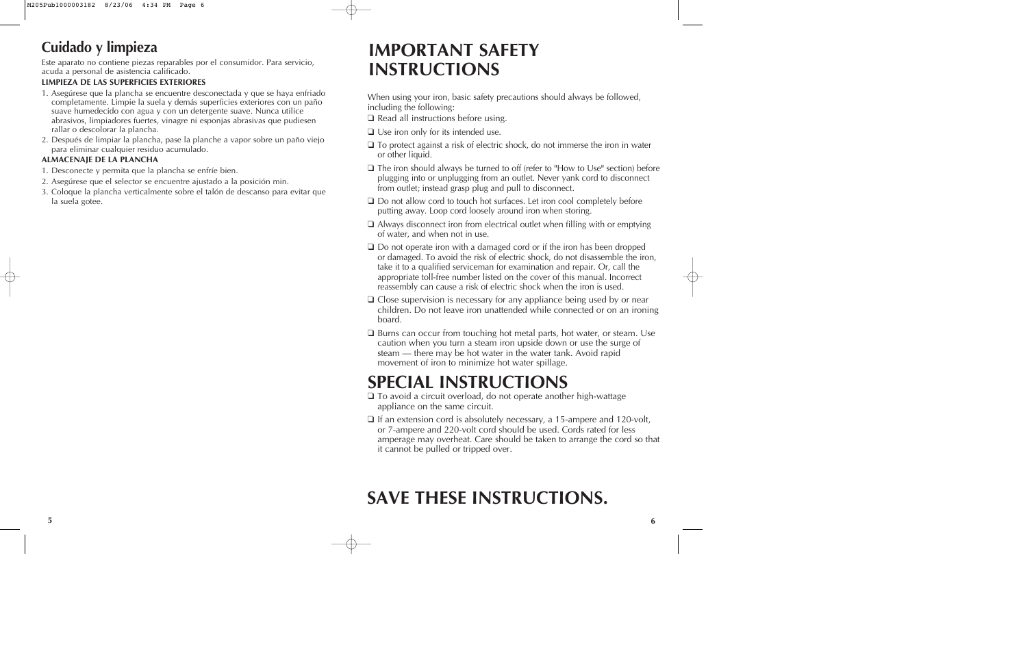 Special instructions, Cuidado y limpieza | Black & Decker M205 User Manual | Page 4 / 9