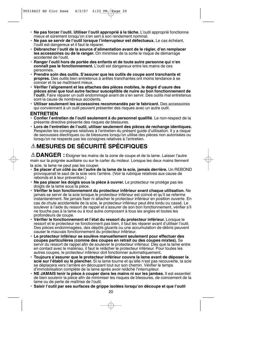 Mesures de sécurité spécifiques danger | Black & Decker BDCS1806 User Manual | Page 20 / 56