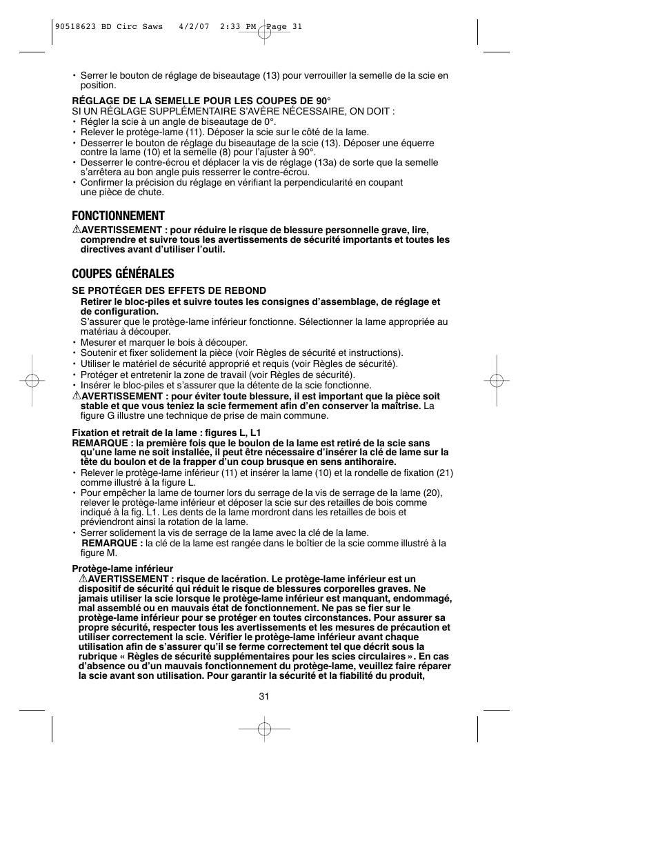 Fonctionnement, Coupes générales | Black & Decker BDCS1806 User Manual | Page 31 / 56