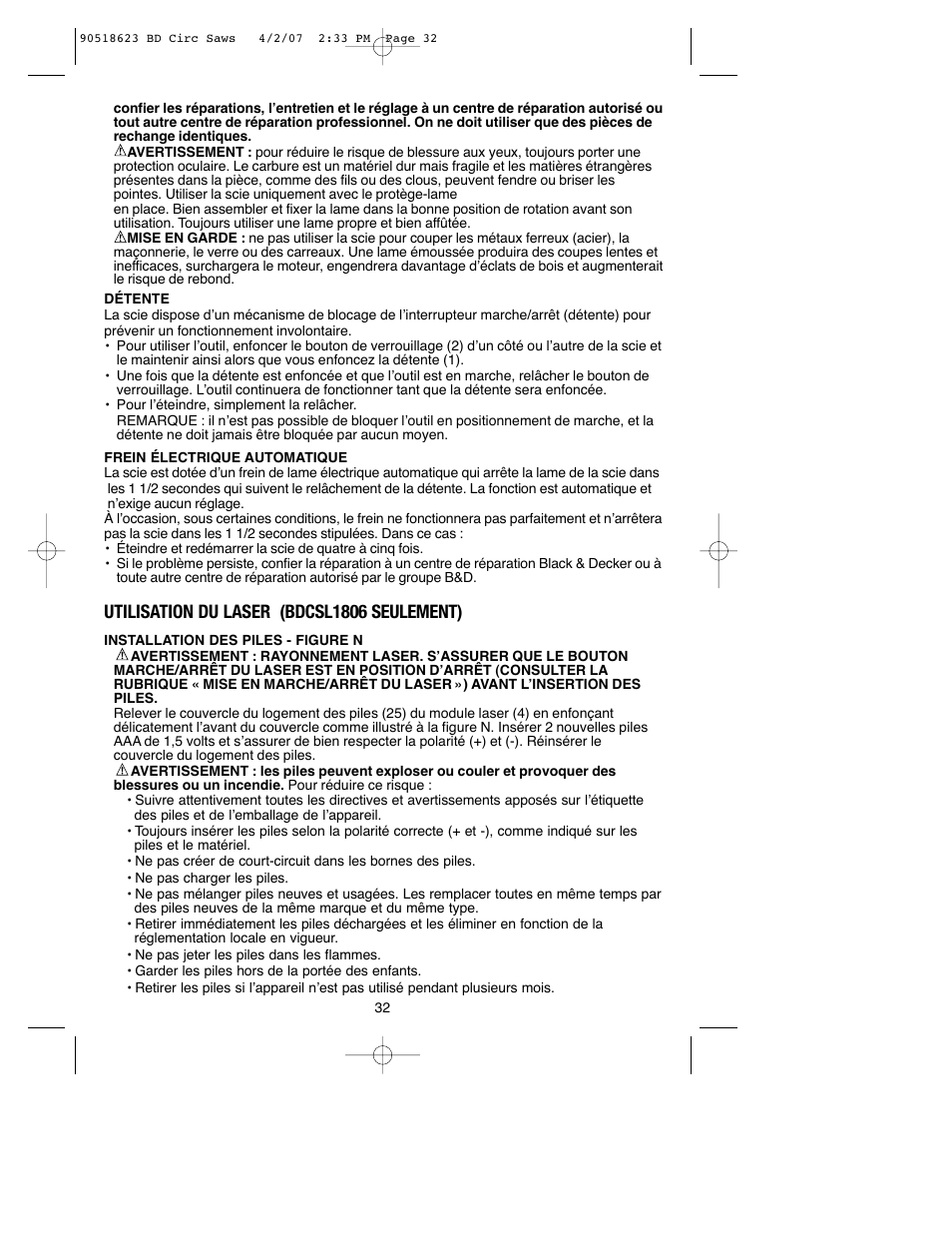 Utilisation du laser (bdcsl1806 seulement) | Black & Decker BDCS1806 User Manual | Page 32 / 56
