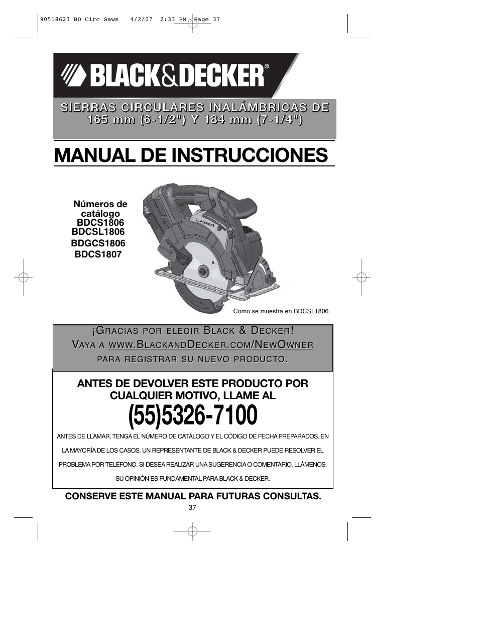 Manual de instrucciones | Black & Decker BDCS1806 User Manual | Page 37 / 56