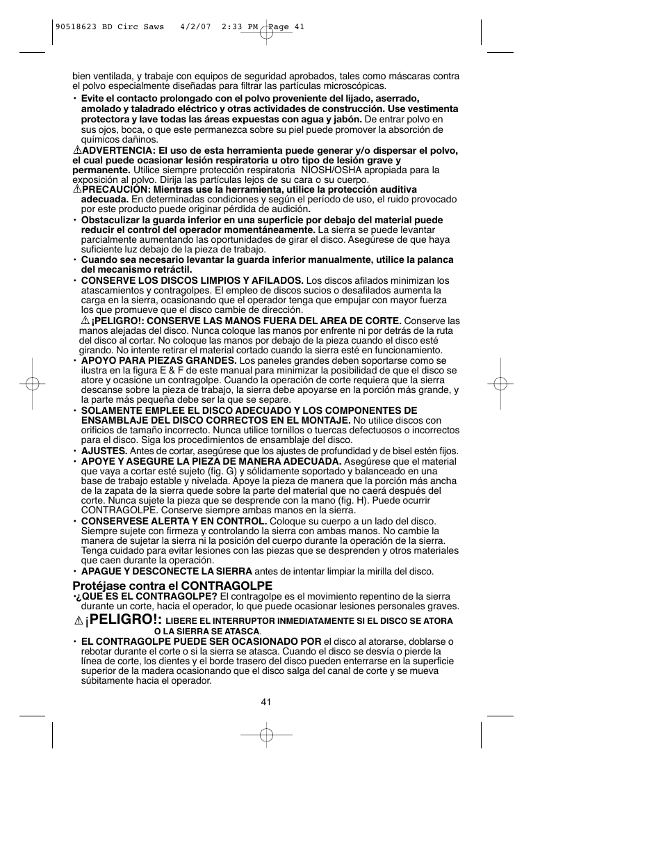 Peligro | Black & Decker BDCS1806 User Manual | Page 41 / 56