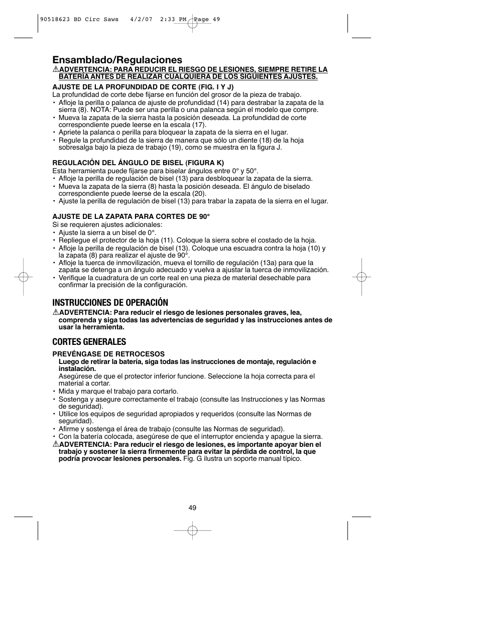 Ensamblado/regulaciones, Instrucciones de operación, Cortes generales | Black & Decker BDCS1806 User Manual | Page 49 / 56