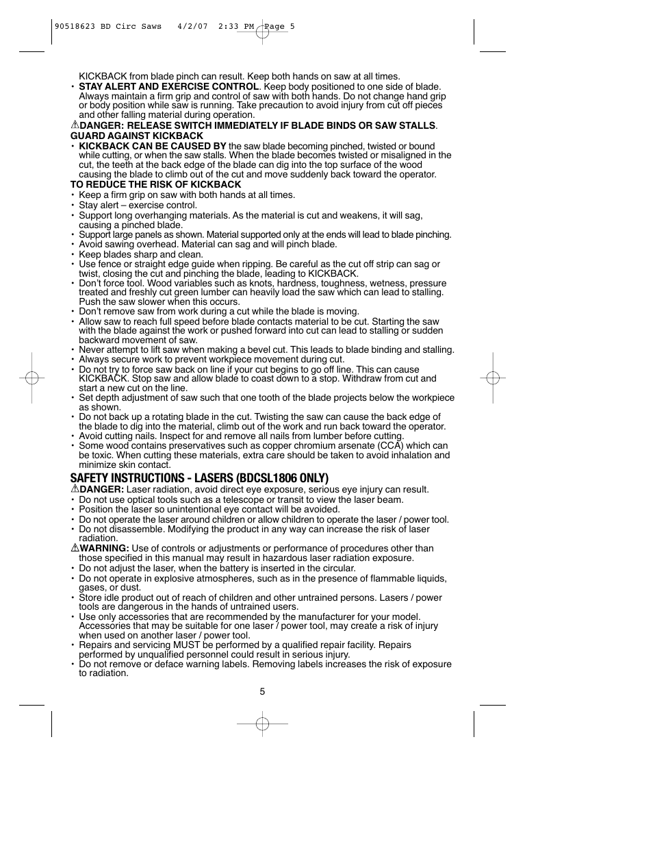 Safety instructions - lasers (bdcsl1806 only) | Black & Decker BDCS1806 User Manual | Page 5 / 56