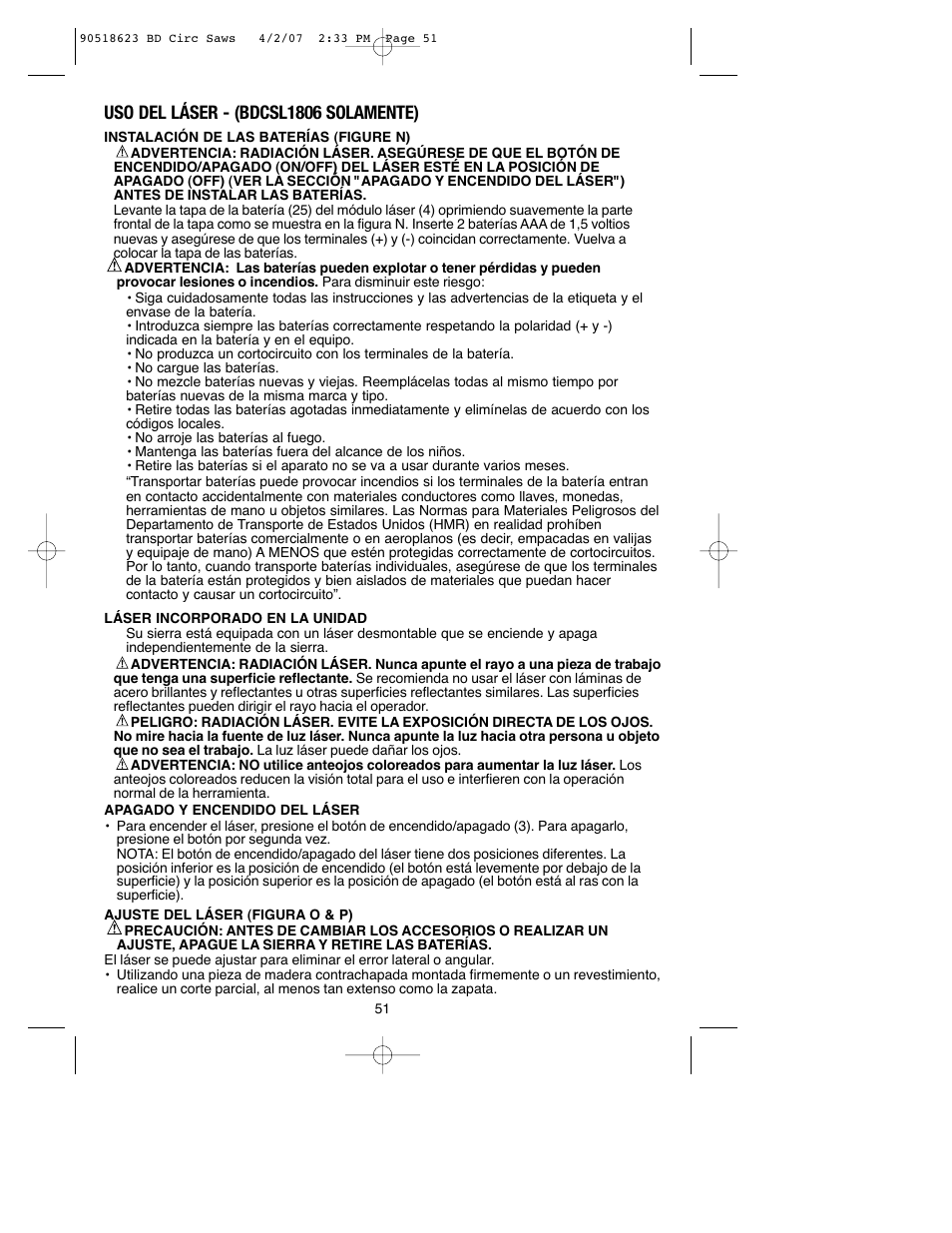 Uso del láser - (bdcsl1806 solamente) | Black & Decker BDCS1806 User Manual | Page 51 / 56