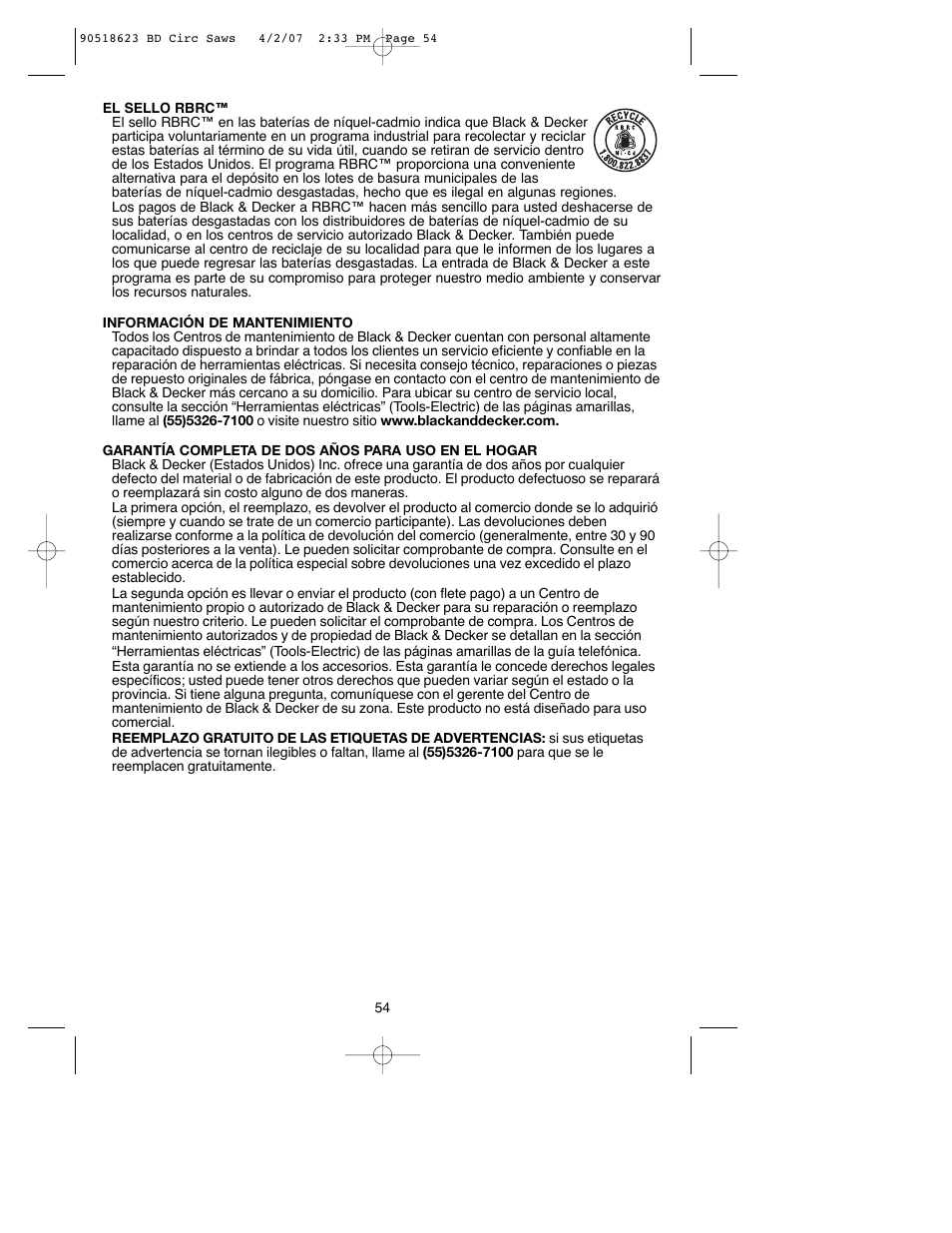 Black & Decker BDCS1806 User Manual | Page 54 / 56