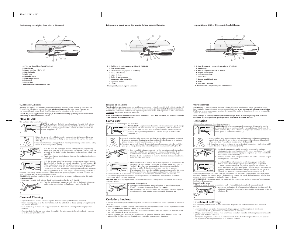 How to use, Care and cleaning, Como usar | Cuidado y limpieza, Utilisation, Entretien et nettoyage | Black & Decker EK700BK User Manual | Page 2 / 2