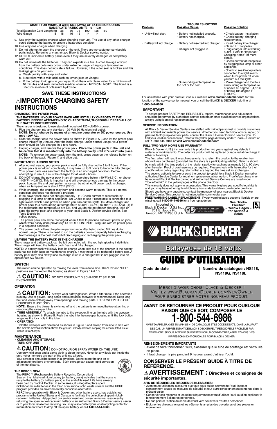 Ggu uiid dee d d’’u uttiilliissa attiio on n, Important charging safety instructions, Avertissement | Caution | Black & Decker NS118 User Manual | Page 2 / 6