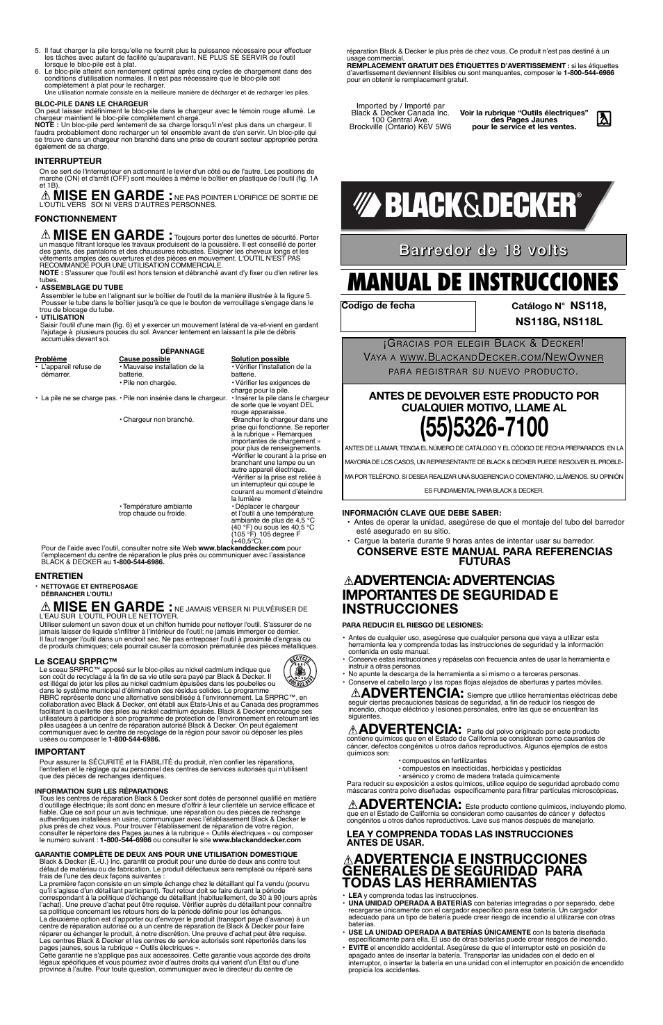 Manual de instrucciones, Mise en garde, Advertencia | Black & Decker NS118 User Manual | Page 4 / 6