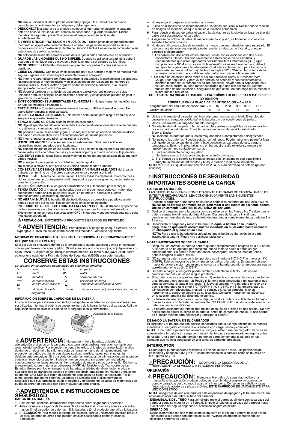 Precaución, Advertencia, Conserve estas instrucciones | Advertencia e instrucciones de seguridad | Black & Decker NS118 User Manual | Page 5 / 6