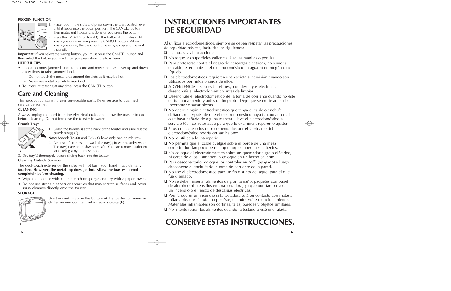 Instrucciones importantes de seguridad, Conserve estas instrucciones, Care and cleaning | Black & Decker T2560 User Manual | Page 4 / 13