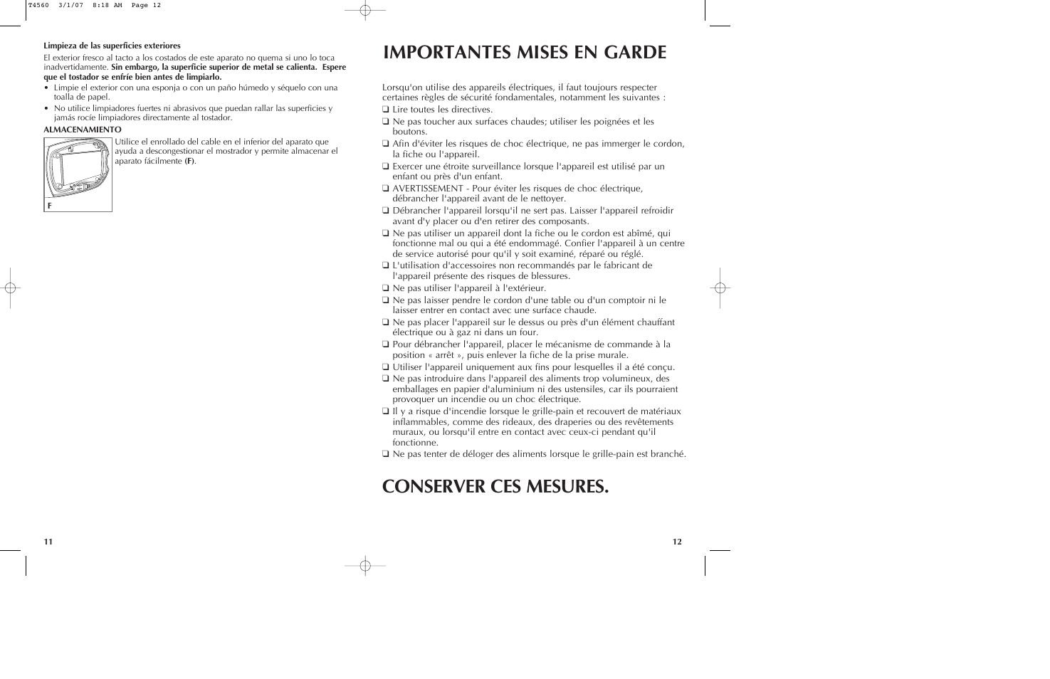 Importantes mises en garde conserver ces mesures | Black & Decker T2560 User Manual | Page 7 / 13