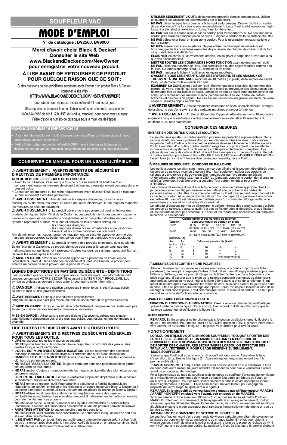 Mode d’emploi, Souffleur vac | Black & Decker BV9000 User Manual | Page 3 / 6
