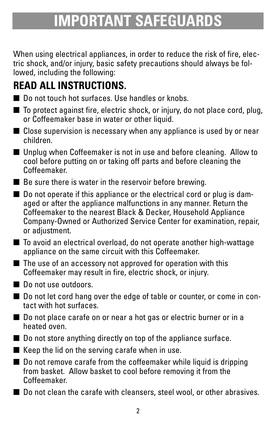 Safegaurds, Important safeguards, Read all instructions | Black & Decker DCM20WH User Manual | Page 2 / 10