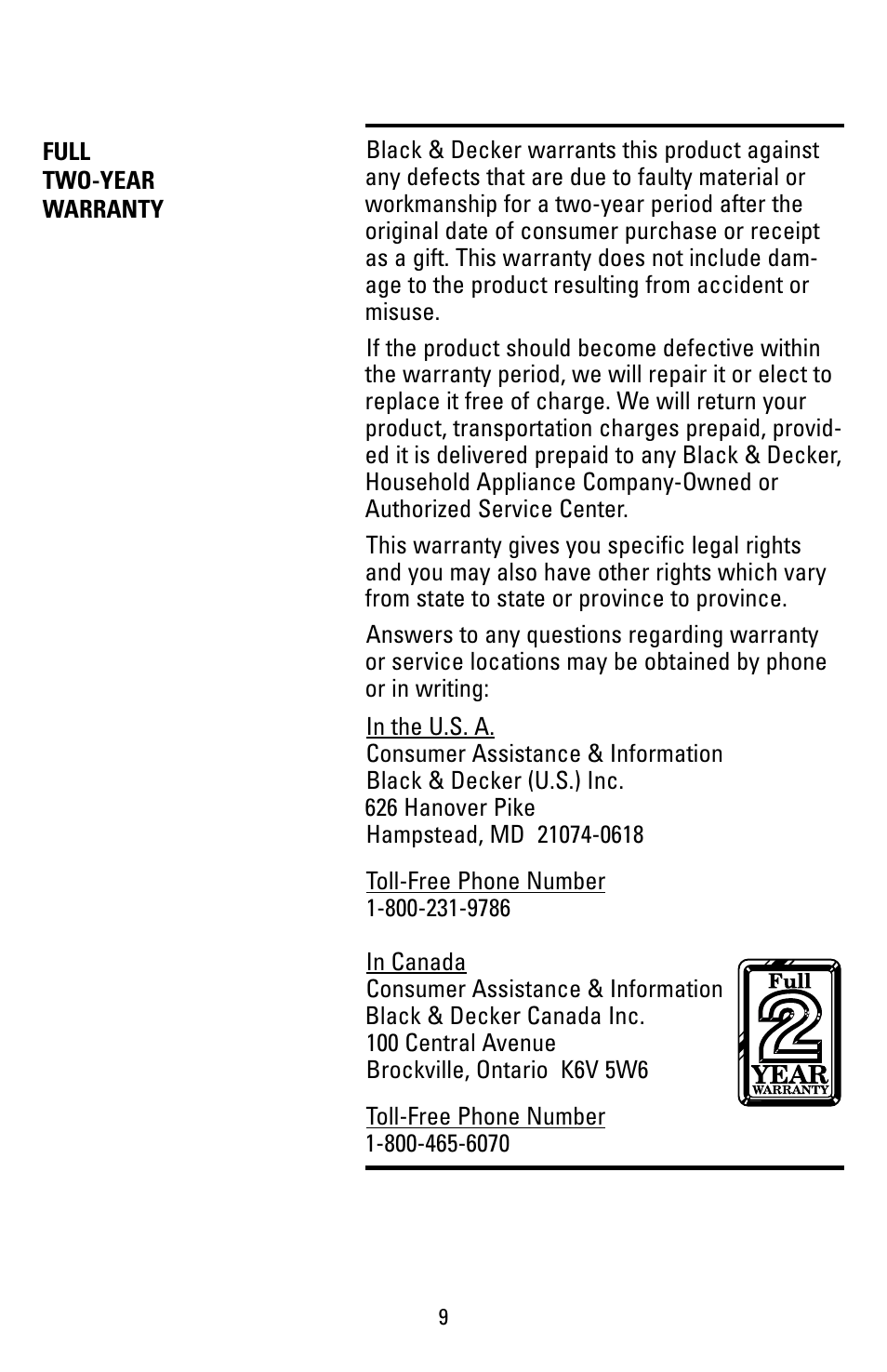 Warranty | Black & Decker DCM20WH User Manual | Page 9 / 10