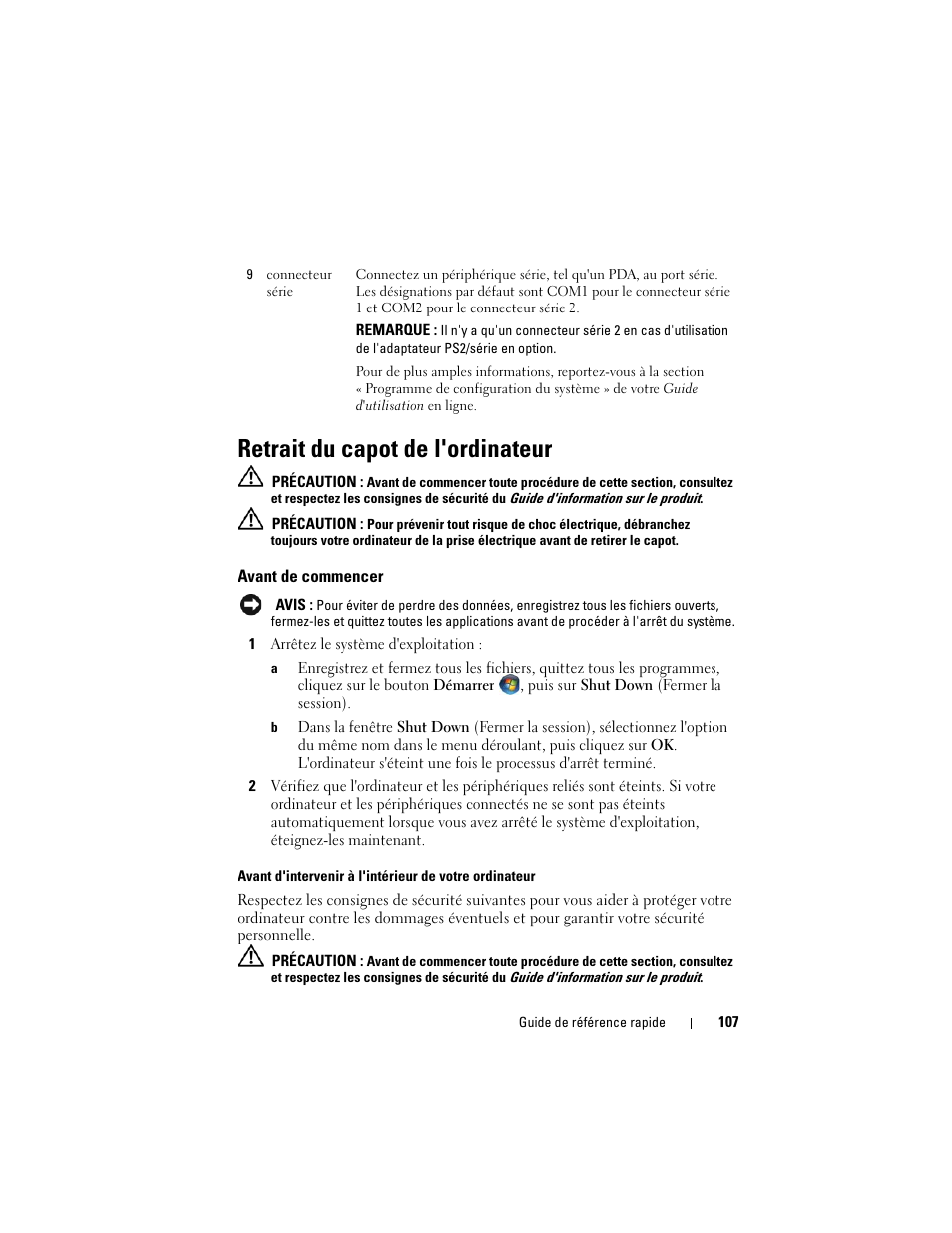 Retrait du capot de l'ordinateur, Avant de commencer | Dell OptiPlex 740 User Manual | Page 107 / 388