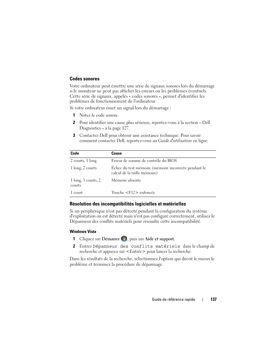Codes sonores | Dell OptiPlex 740 User Manual | Page 137 / 388