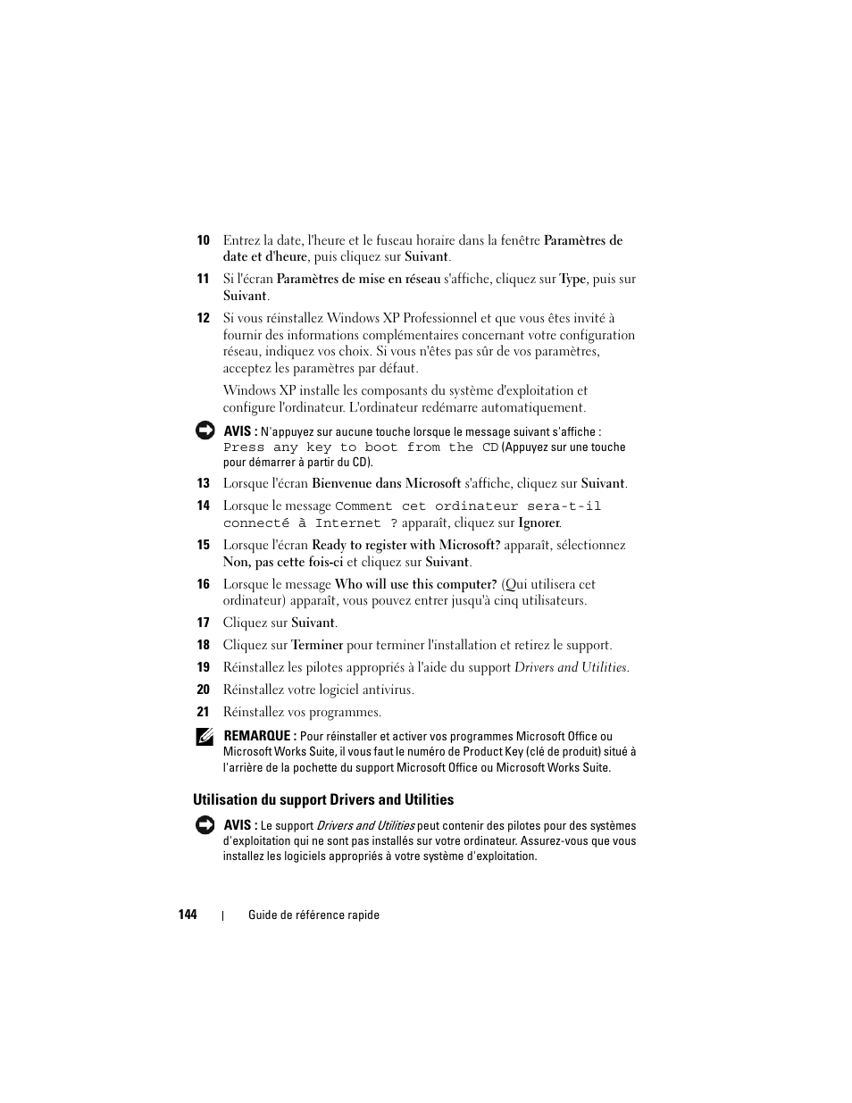 Utilisation du support drivers and utilities | Dell OptiPlex 740 User Manual | Page 144 / 388