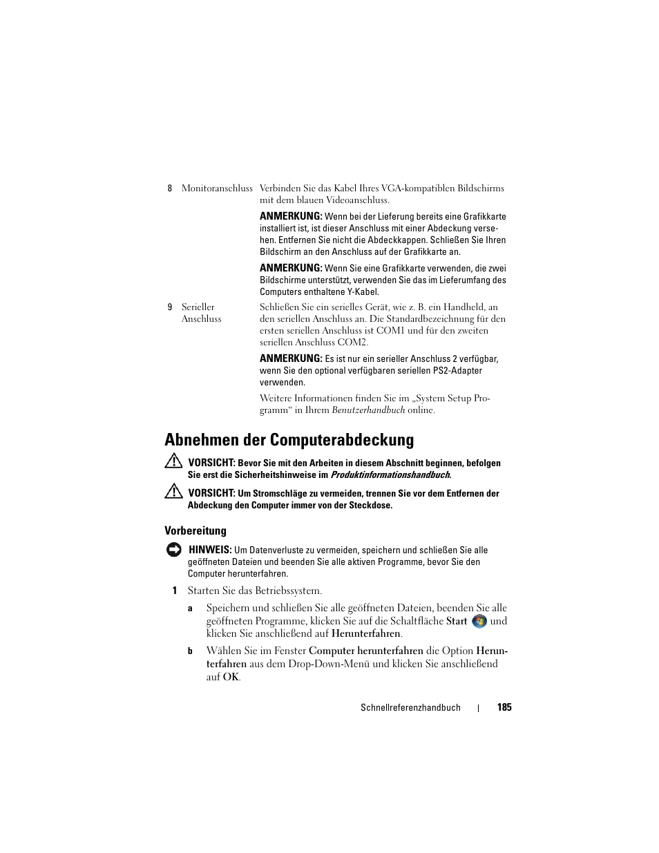 Abnehmen der computerabdeckung, Vorbereitung | Dell OptiPlex 740 User Manual | Page 185 / 388