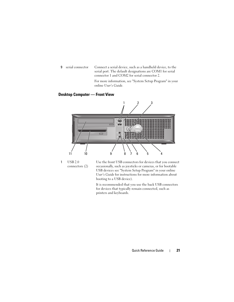 Desktop computer - front view, Desktop computer — front view | Dell OptiPlex 740 User Manual | Page 21 / 388