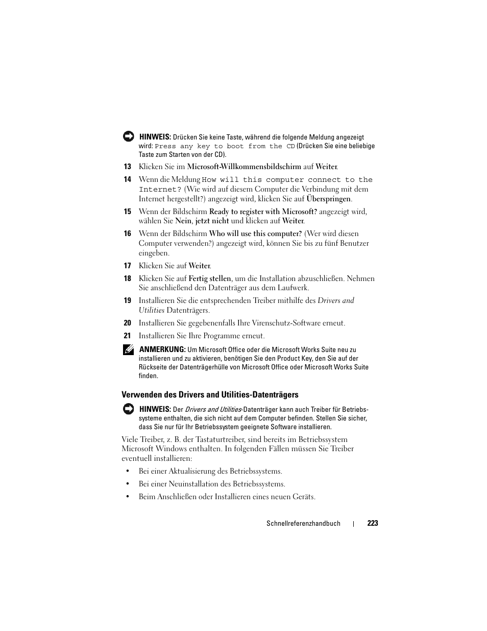 Verwenden des drivers and utilities-datenträgers, Verwenden des drivers and utilities- datenträgers | Dell OptiPlex 740 User Manual | Page 223 / 388