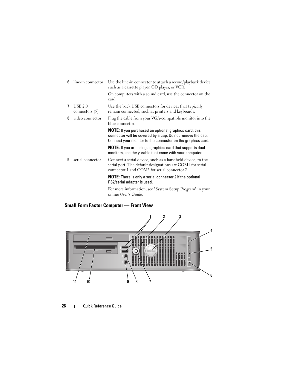 Small form factor computer - front view, Small form factor computer — front view | Dell OptiPlex 740 User Manual | Page 26 / 388