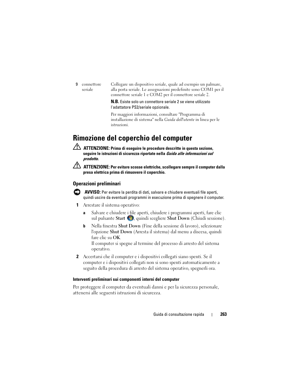 Rimozione del coperchio del computer, Operazioni preliminari | Dell OptiPlex 740 User Manual | Page 263 / 388