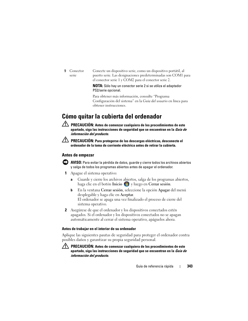 Cómo quitar la cubierta del ordenador, Antes de empezar | Dell OptiPlex 740 User Manual | Page 343 / 388