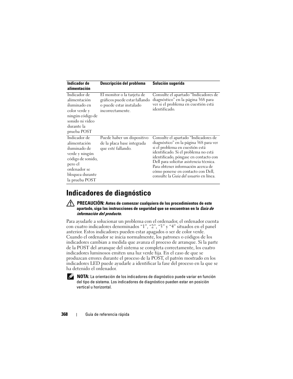 Indicadores de diagnóstico | Dell OptiPlex 740 User Manual | Page 368 / 388