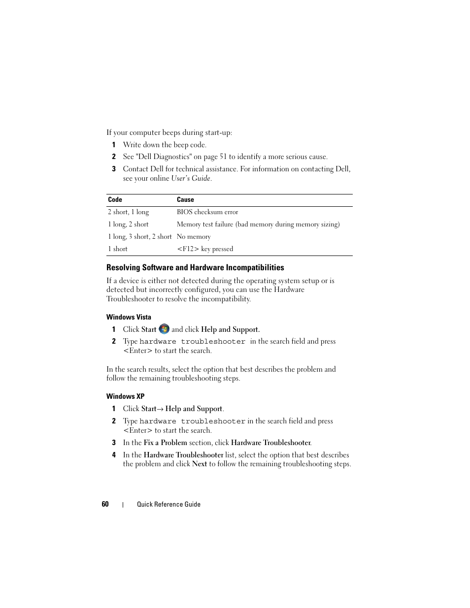 Resolving software and hardware incompatibilities | Dell OptiPlex 740 User Manual | Page 60 / 388