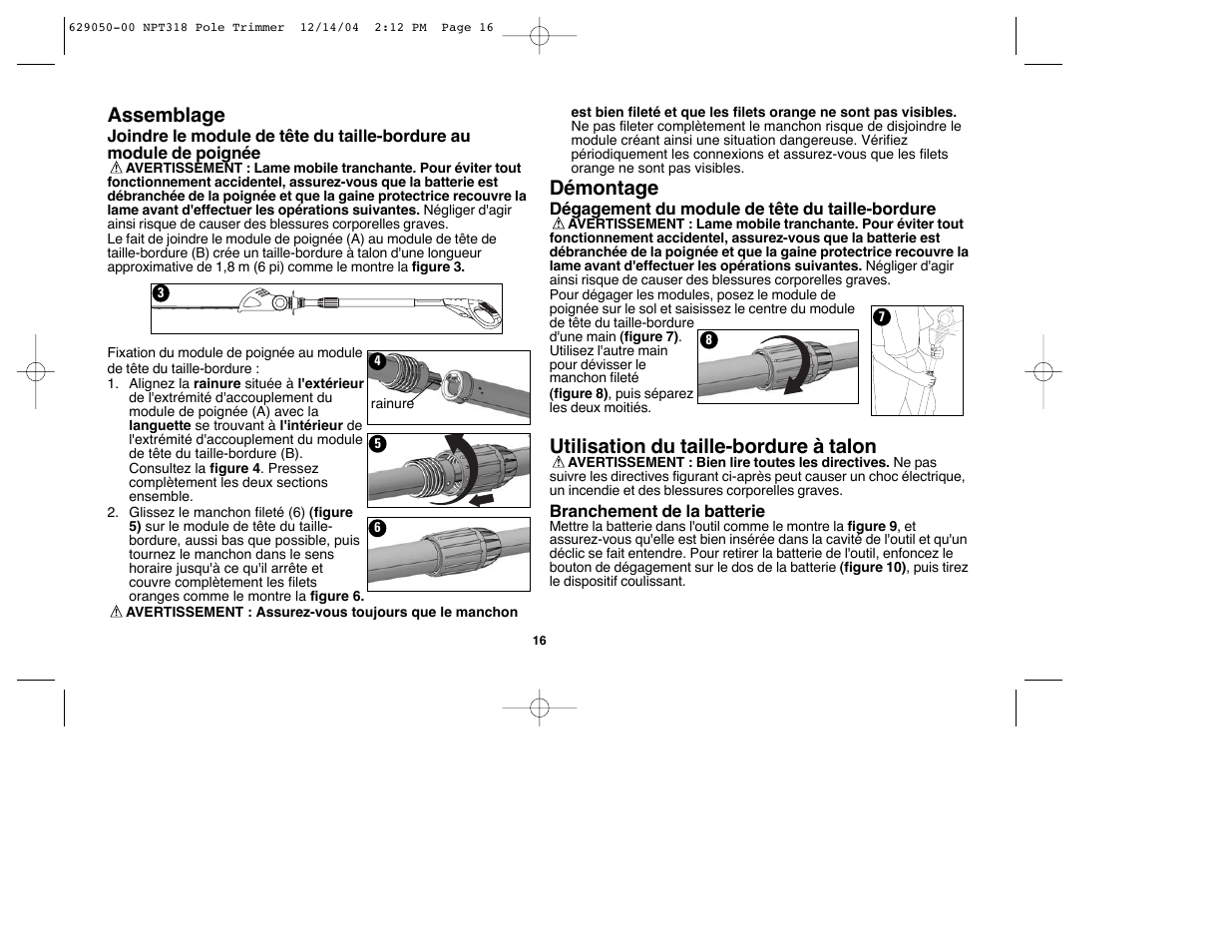 Démontage, Utilisation du taille-bordure à talon, Assemblage | Black & Decker NPT318 User Manual | Page 16 / 31