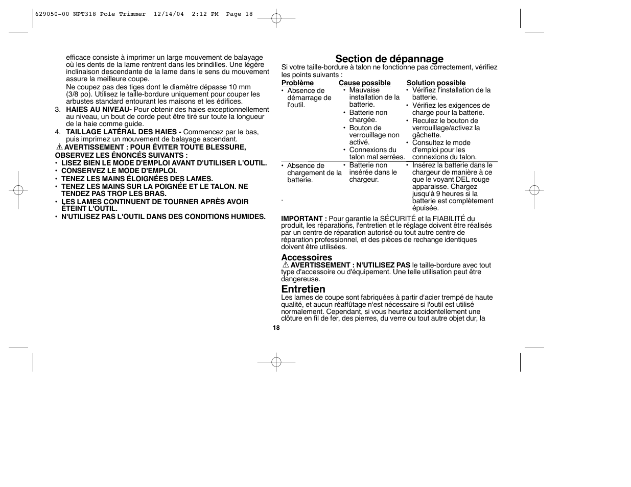 Entretien | Black & Decker NPT318 User Manual | Page 18 / 31