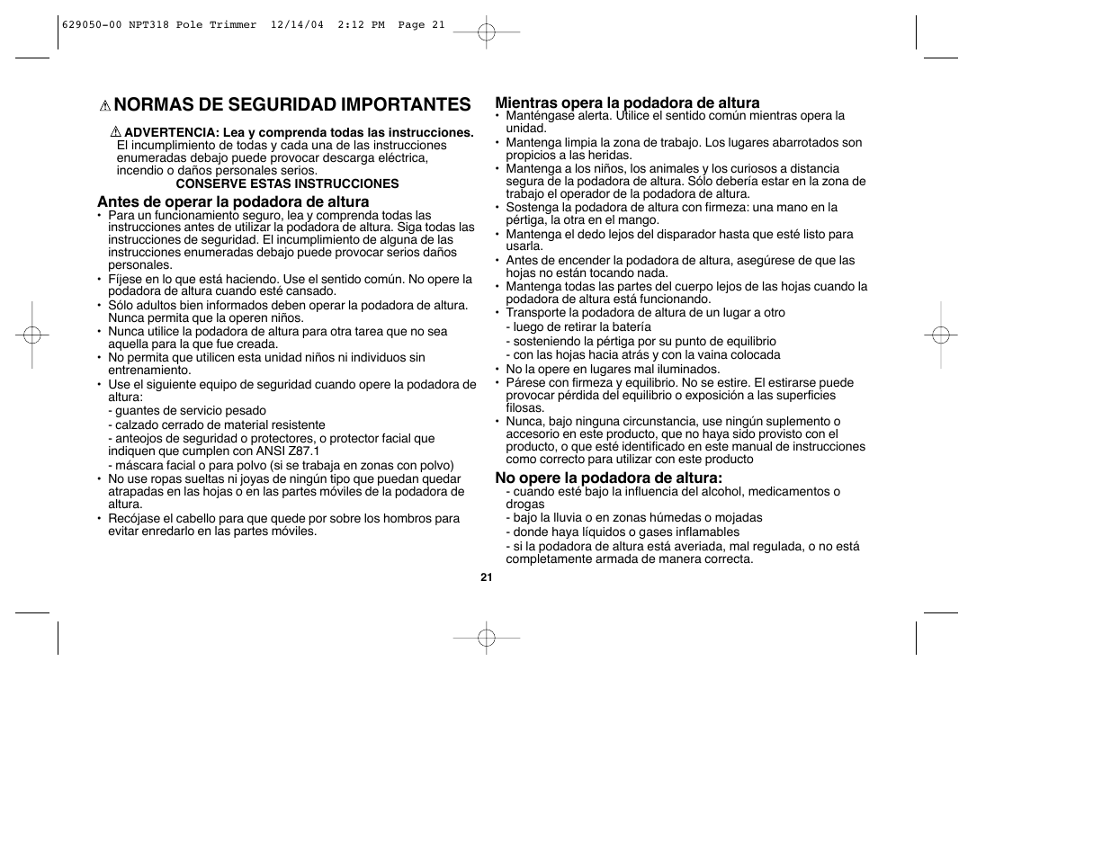 Normas de seguridad importantes | Black & Decker NPT318 User Manual | Page 21 / 31