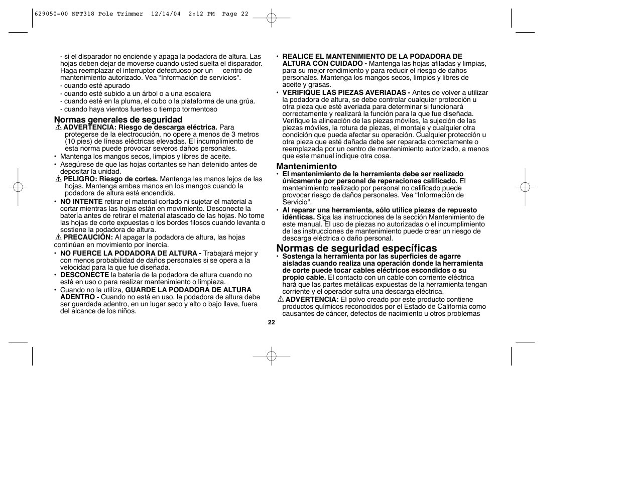 Normas de seguridad específicas | Black & Decker NPT318 User Manual | Page 22 / 31