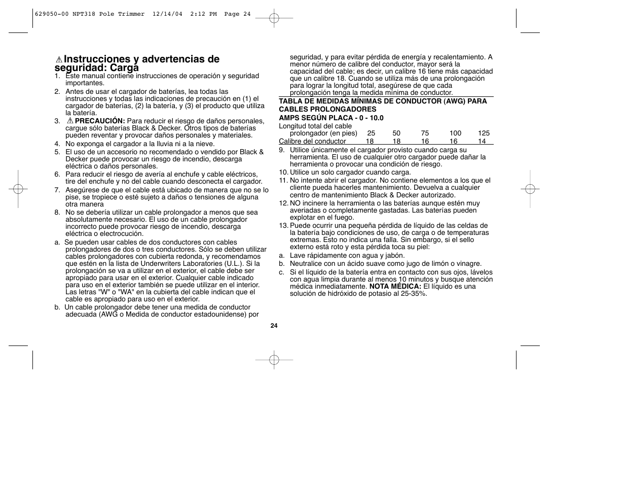 Instrucciones y advertencias de seguridad: carga | Black & Decker NPT318 User Manual | Page 24 / 31