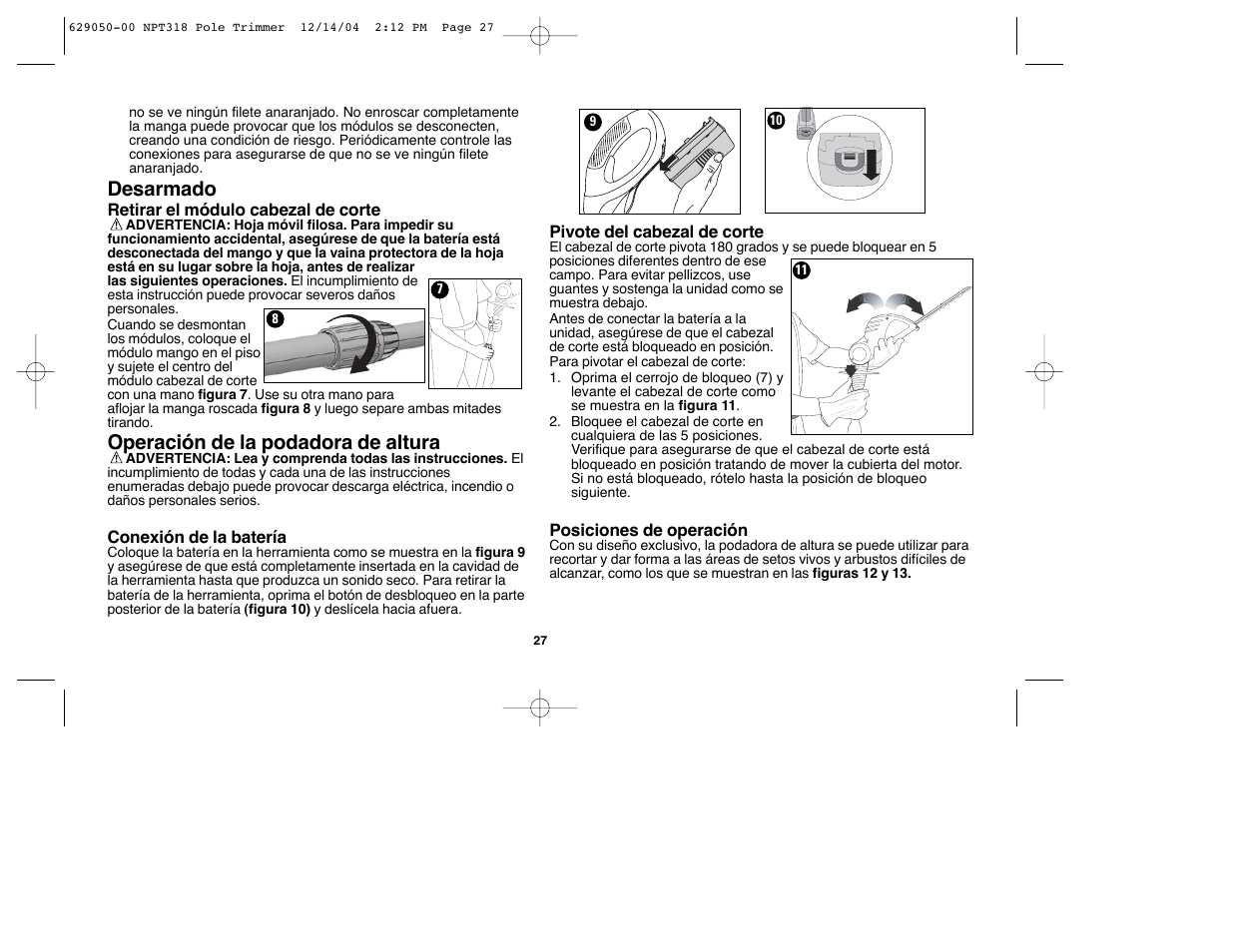 Desarmado, Operación de la podadora de altura | Black & Decker NPT318 User Manual | Page 27 / 31