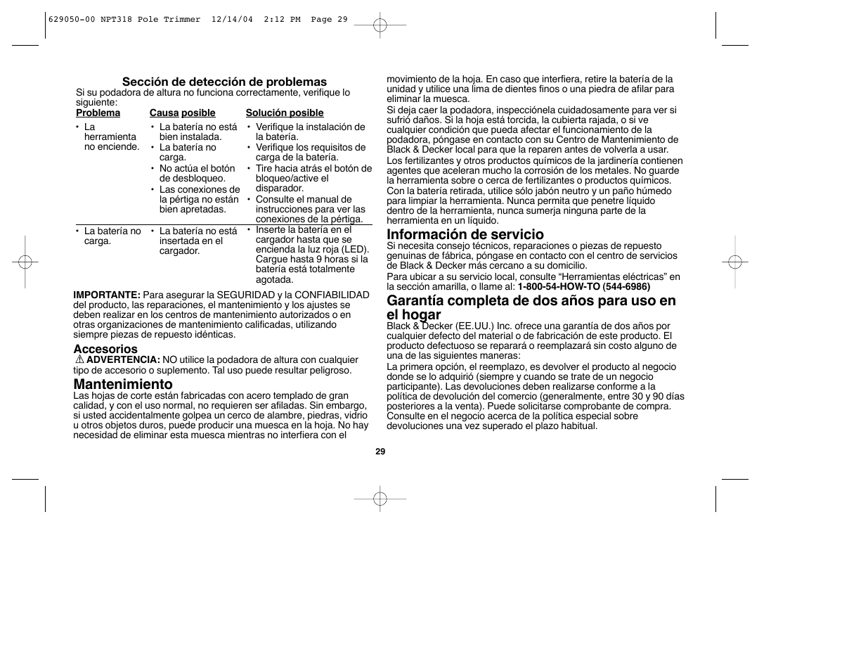 Información de servicio, Garantía completa de dos años para uso en el hogar, Mantenimiento | Black & Decker NPT318 User Manual | Page 29 / 31