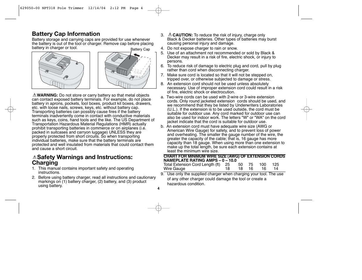 Battery cap information, Safety warnings and instructions: charging | Black & Decker NPT318 User Manual | Page 4 / 31