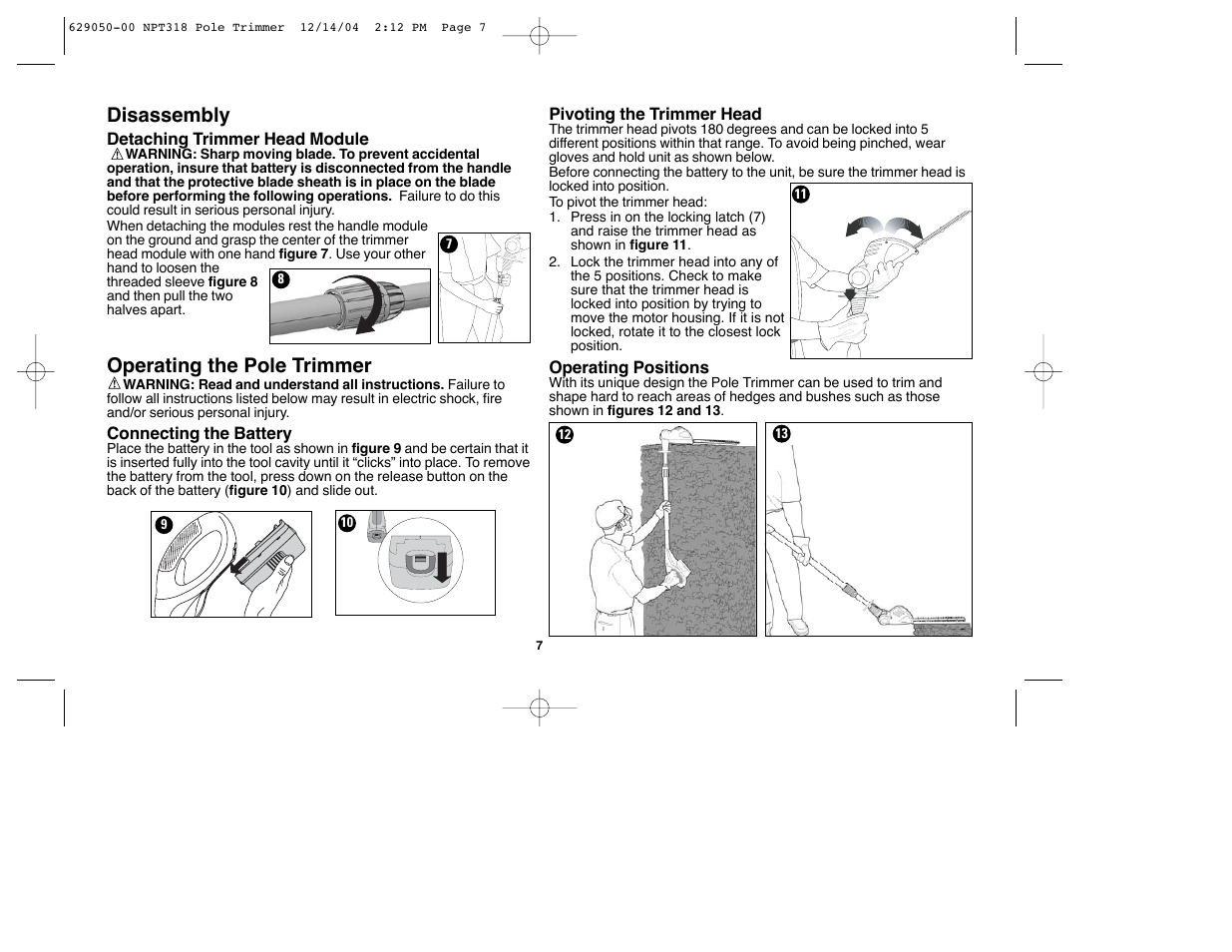 Disassembly, Operating the pole trimmer | Black & Decker NPT318 User Manual | Page 7 / 31