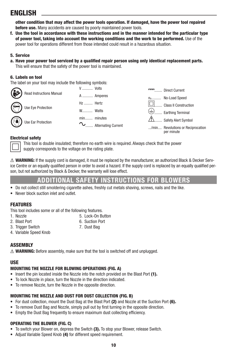 English, Additional safety instructions for blowers | Black & Decker Linea Pro BB6600 User Manual | Page 10 / 12
